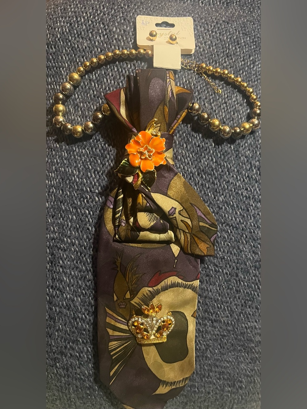 Silk Floral Pattern Scarf Necklace with Orange Flower Pin - Women Accessories